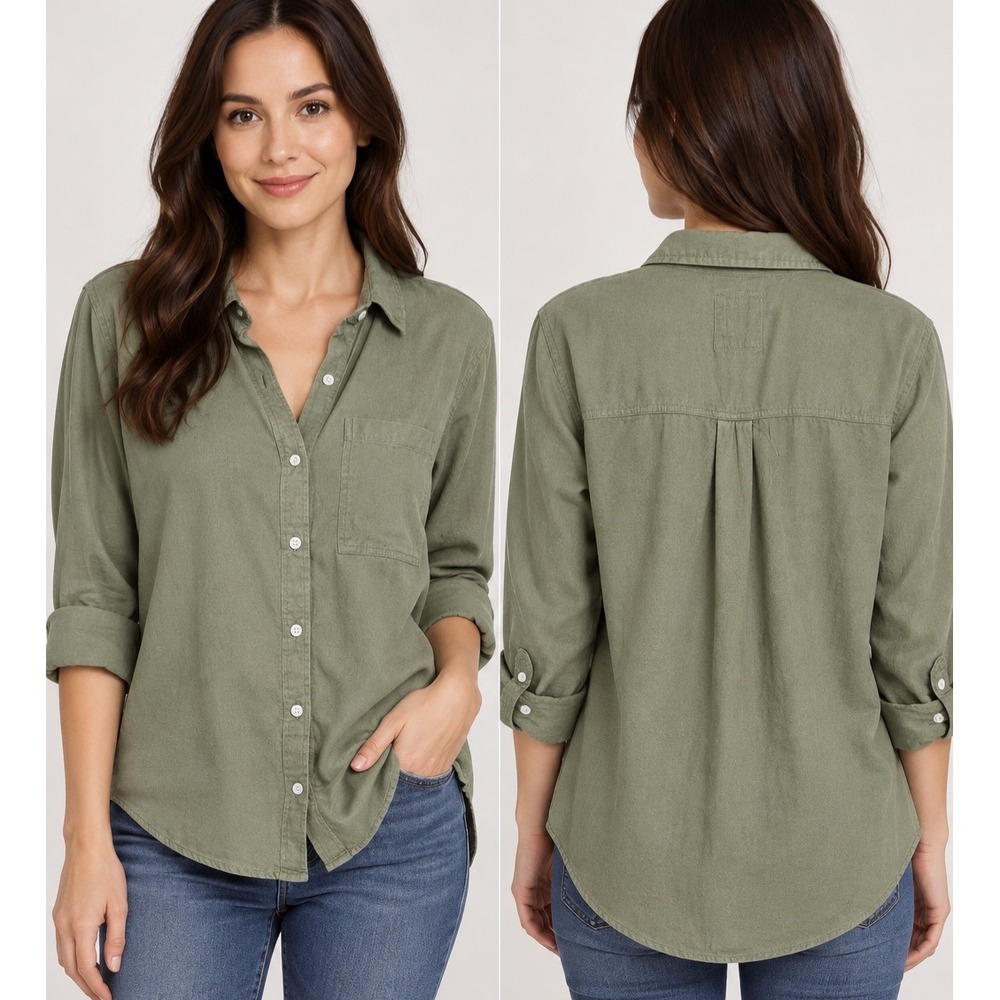 SO The Favorite Button Down Shirt Olive Green Cotton Modal Size S C9-0476